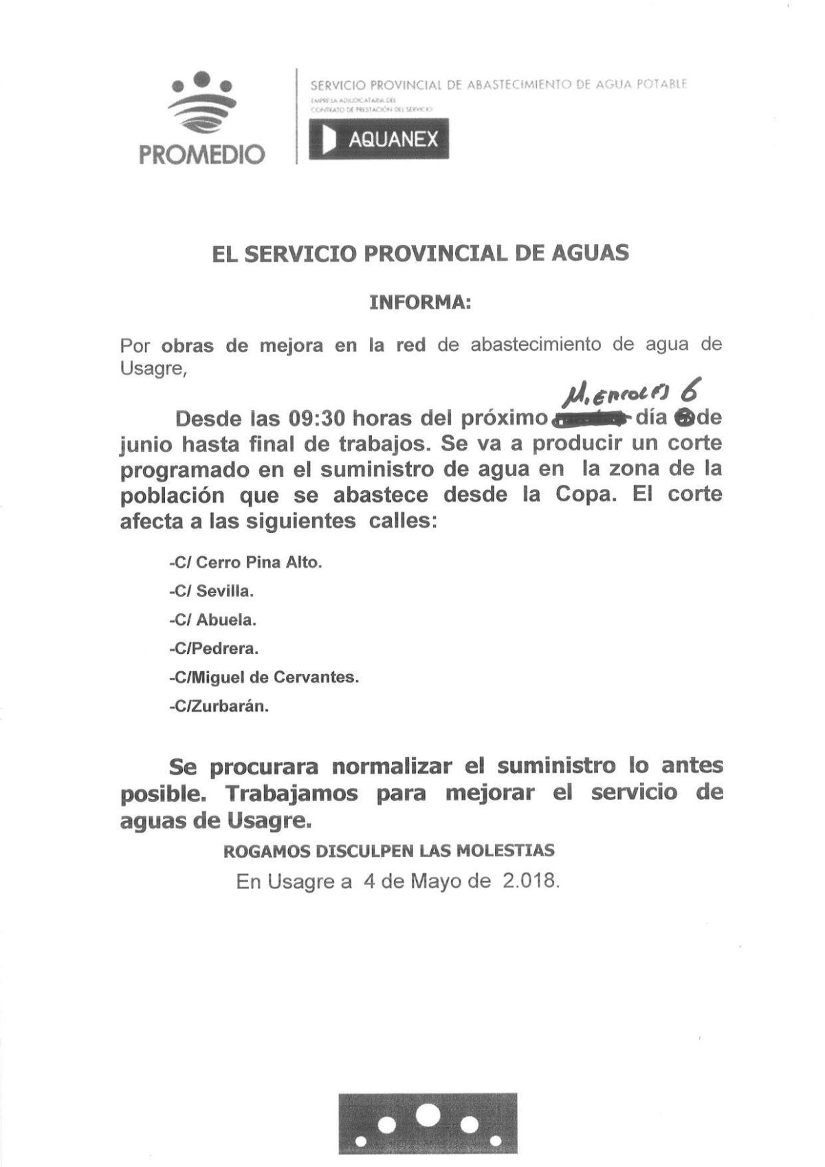 AVISO CORTE DE SUMINISTRO DE AGUA Usagre